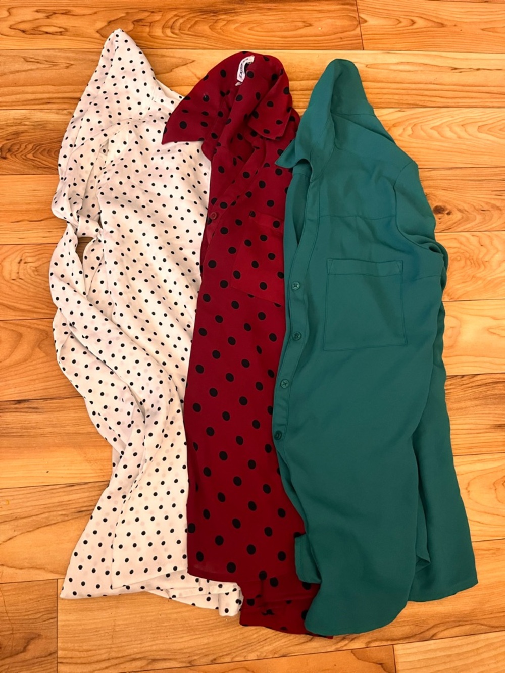 Express Polka Dot Blouse Trio - White/Black, Burgundy/Black, Green